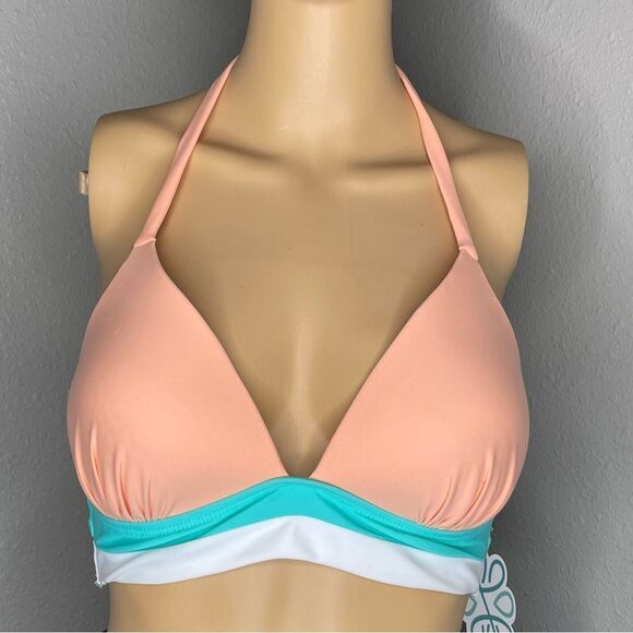 NWT Stylish Swimwear Beach White and Aqua Halter Bikini Top Size Large - Picture 1 of 8